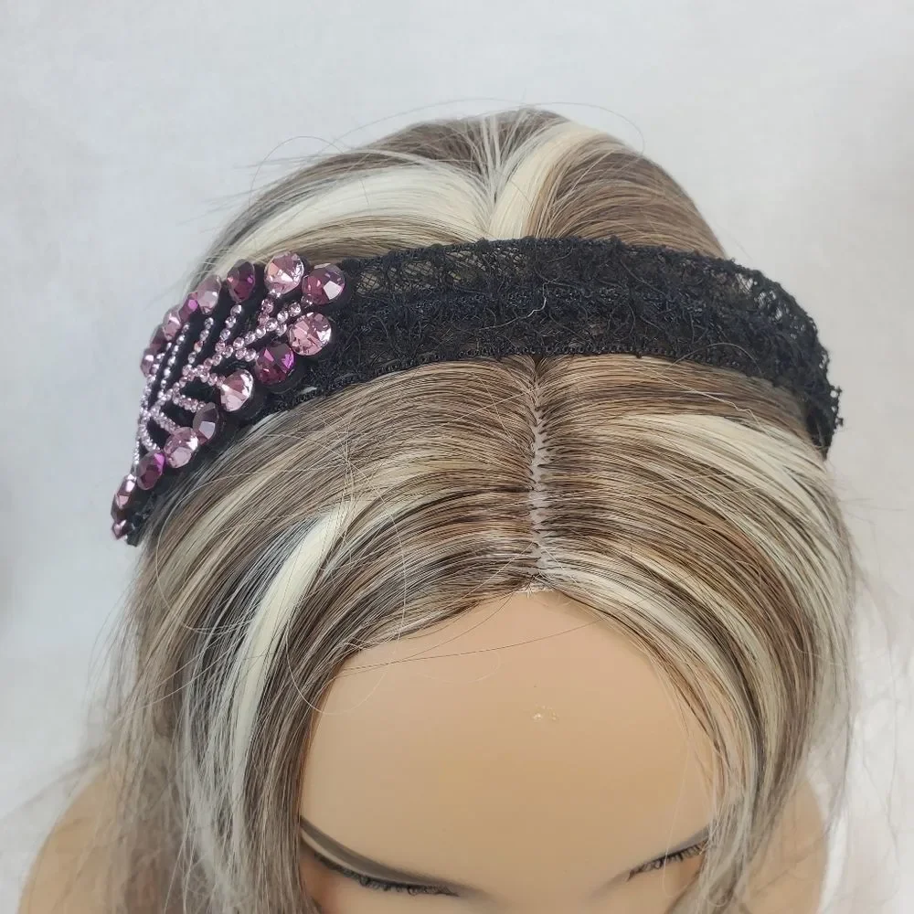 Purple Crystals Leaf Black Lace Hair Band